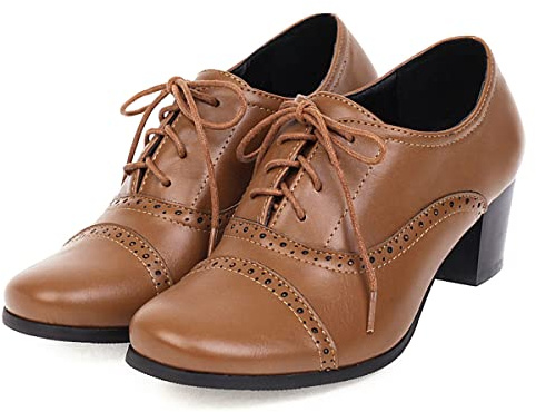 SHEMEE Women's Chunky Lace Up Vintage Oxfords Dress Pumps Round Toe Block Mid Heels Retro Brogues Shoes(Brown, US 9)