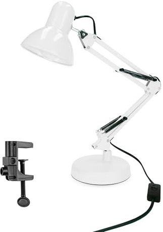 EDO Retro Schreibtischlampe Kinder mit Klemmbar, Nachttischleuchte mit Gelenk-Arm, Arbeitsplatzlampe Weiß PIXI E27 aus Stahl, Schreibtisch-Leuchte mit Flexible Klemme Schwarzer auf Desk Lamp