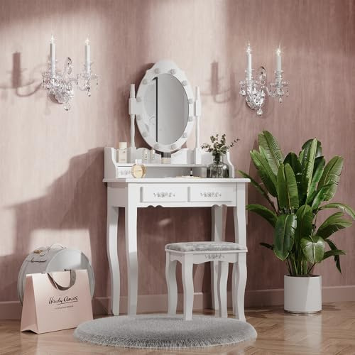 Vicco Schminktisch Maggie, Weiß, 75 cm | mit LED Beleuchtung und Hocker, Vintage-Design verleiht jedem Raum Charakter und Charme
