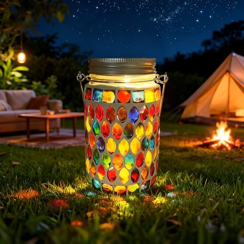 TOTHDATE 1PCS Solar Mosaik Leuchte für Außen, On/Off Glas Mosaik Hängend Licht Solarlaterne Tischleuchte IP65 Wasserdicht für Rasen Pfad Hof Deck Boden Teich, Rot Mosaik Licht