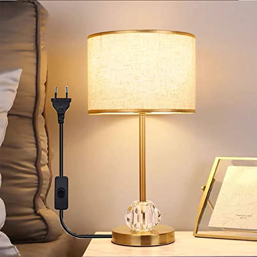 Lámpara de mesa de noche de cristal base de metal, pantalla de tela de lino blanco, mesita de noche moderna Lámpara Escritorio E27 Lamparas de Mesita, para dormitorio sala de estar oficina (A)