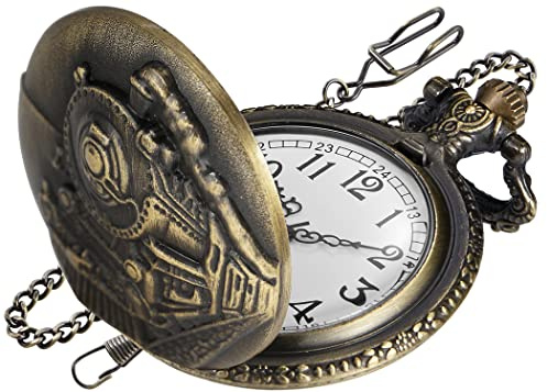 Realpoo Quartz Left Locomotive Bronze Pocket Watch for Men, Arabic Numerals White Dial, with Chain
