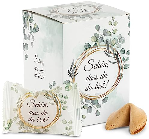 FOOD crew 12x Glückskekse Schön dass du da bist - Einzeln Verpackt - Gastgeschenk Hochzeit Gäste mit Sprüchen Deutsch – Kommunion Mitgebsel – Scherzkekse Erwachsene - Vegane Süßigkeiten