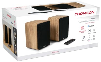 THOMSON Cosy Enceintes Bibliothèque 100W Stéréo, Bluetooth 5, Télécommande pour Smartphone, TV, PC et Vinyle, Finition Bois - WS602DUO