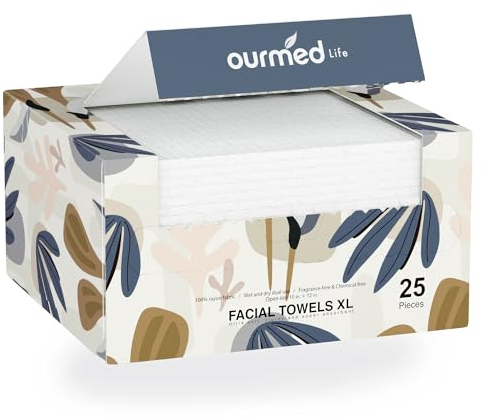 Ourmed Life Face Towels, Disposable Biodegradable Facial Towels for Sensitive Skin, Lint- Free Face Wipes for Washing Face, Skincare and Makeup Remover, Dry Wipes, 10×12 Extra Large, 25 Count