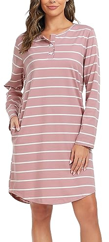 Lovasy Nachthemd Damen Baumwolle Schlafshirt Streifen Nachthemden für Damen mit Knopfleiste und Zwei Taschen