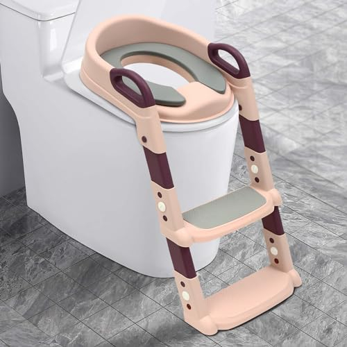 Toilettentreppe,Toilettensitz Kinder mit Treppe,Höhenverstellbar Faltbarer Kinder Toiletten Trainer,Toilettentrainer für Babys im Alter von 2-7 Jahren (Rosa)