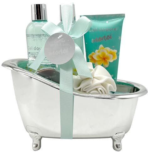 French Tendance - Coffret Bain Argent-Monoï - Gel Douche 260ml, Lait Corporel 190ml, Bain Moussant 260 ml, Sels de Bain 80g, Fleur de douche - Cadeau Femme Beauté - Kit Cocooning Baignoire