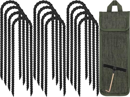 RIY Trampoline Stakes Anchors High Wind 12'' Ground Anchor Heavy Duty Tent Stakes Swing Set Anchors Trampoline Accessories with T Hook - Black 12pcs