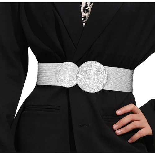VONMELLI Damen Breiter Elastischer Gürtel mit Goldener Schnalle für Kleid Stretchy Vintage Taillengürtel für Damen Silber(Silberne Schnalle) S