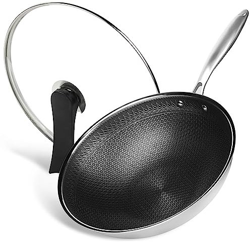 RIOVARM 32cm Wok in acciaio inox con coperchio, Antiaderente Fondo piatto Padella Wok, A tre strati Struttura a nido d'ape, Lavabile in lavastoviglie A prova di forno, Induzione, Piani cottura a gas