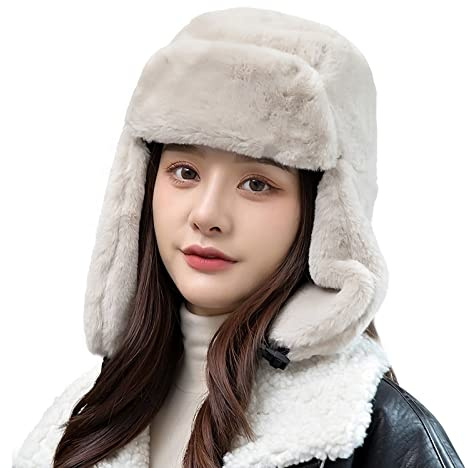 JNGUOSICN Women Hat Faux Fur Trapper Hat Winter Outdoor Warm Earflap Hat Adult Windshield Earmuffs Russian Windproof Ski Cap Ear Protection Cycling Hat Winter Thermal Haunting Hat for Men Women
