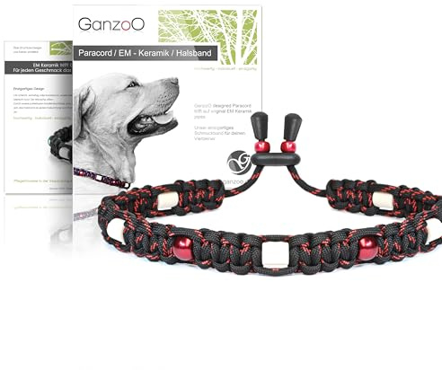 Ganzoo EM Keramik Hunde-Halsband aus Paracord 550, Zierhalsband mit Zierperlen und EM Tubes/EM Pipes, Größe XS 26-32 cm, verstellbar mit Kordelstopper, Farbe Carbon