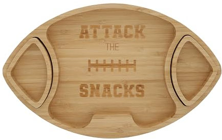 Pavilion Gift Company - Attack The Snacks - 16 x 10 Bamboo Football Shaped Serving Tray Charcuterie Board Dip Bowl College Professional Minor League Football Party