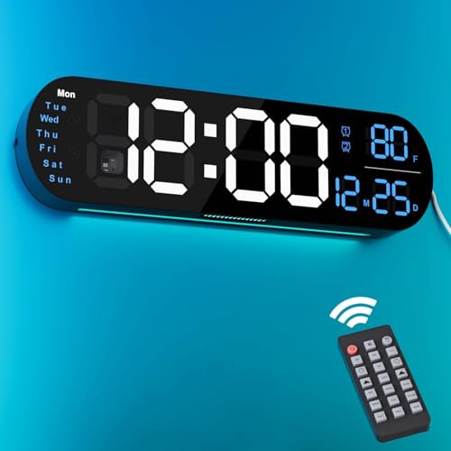 Large Digital Wall Clock with Remote Control 13.7’’, Auto Brightness, 9 RGB Ambient Light, Dual Alarm Clock&Timer, 12/24H Mode, Temperature for Bedroom, Wall Decor Gift for Elder, Black