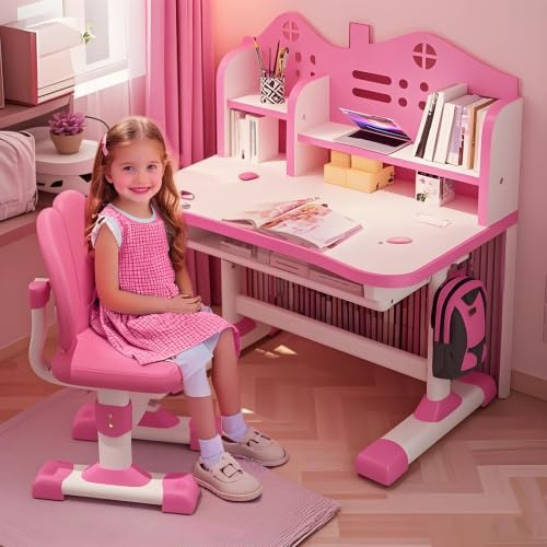 ilkqeppe Desk and Chair Set, Height Adjustable Study Table and Chair Set with Drawer, Ergonomic Desk for Bedroom and Home Office
