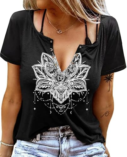 Sxkayxr V-hals T-shirts för kvinnor 2025 landskonsert cowgirlkläder för kvinnor söta sommartoppar grafiska t-shirts t-shirts, A Lotus svart, L