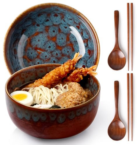 NUTRIUPS Ceramic Ramen Bowl Set of 2,1200ML Japanese Retro Ramen Bowls with Chopsticks and Spoons, Porcelain Noodles Bowl (Kiln-Formed Blue-Green)
