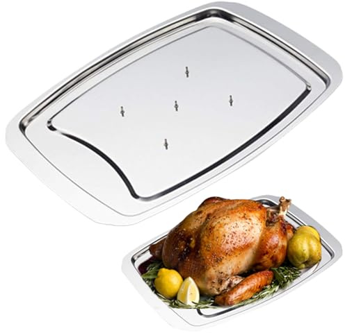 Stainless Steel Carving Tray Spiked Meat Dish with Spiked Caps Polished Non-Slip Serving Tray Turkey Pan for Slicing, Cutting, Chopping...