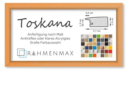 RahmenMax® Toskana Bilderrahmen Bildmaß 40x100 cm zum Aufhängen/Maßanfertigung möglich/MDF Posterrahmen in Buche Dekor mit Acrylglas Antireflex/Puzzle Rahmen