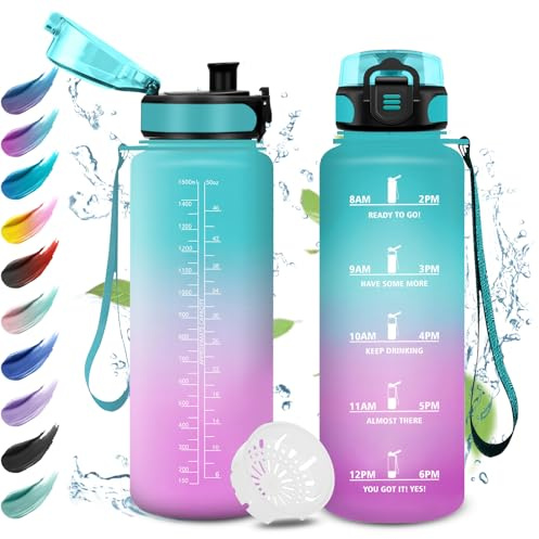 Botella Agua 1.5L, Cantimplora Motivadora y Prueba de Fugas, Fácil de Limpiar, Reutilizable, Botella Agua con Marcador de Tiempo, Cantimplora para Oficina, Escuela, Senderismo, Gimnasio, Gym