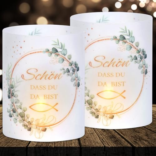 16 Windlichter Tischdeko Taufe Deko, Kommunion Deko, Eukalyptus Schön DASS Du Da Bist Deko, Konfirmation Deko für Teelichter und Kerzendeko