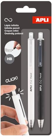 APLI 20064 - Pack de 2 Lápices Infinito gris HB retráctiles con cuerpos de color Blanco y Negro