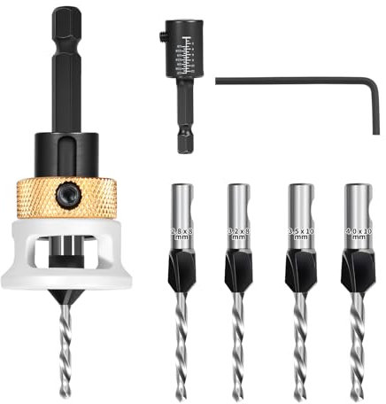 Senkbohrer Holz Set 6 Stück, Bohrsenker mit Verstellbarem Tiefenstopp, Zubehör für Elektrowerkzeuge, Senkbohrer Holz mit 1/4 Hex Schaft aus, Bohrsenker präzise Bohrungen Für Werkstatt