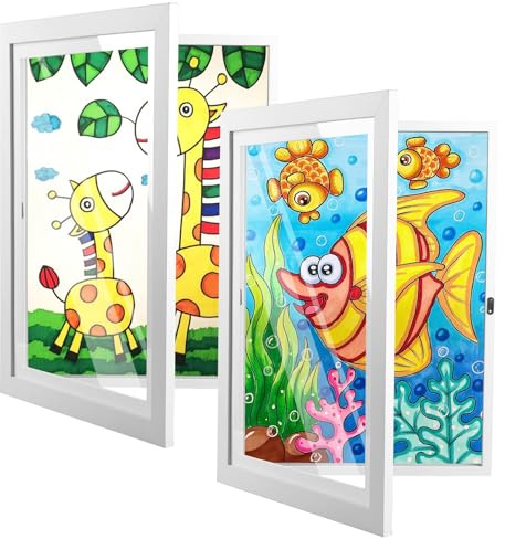 Kids Artwork Display Frames, Kids Art Frame Front Opening A4, Childrens Picture Frames Changeable Holds 150 Pictures, Kids Room Decor Art Display Frame for Wall Bedroom(A4,White,2PCS,24x33cm)
