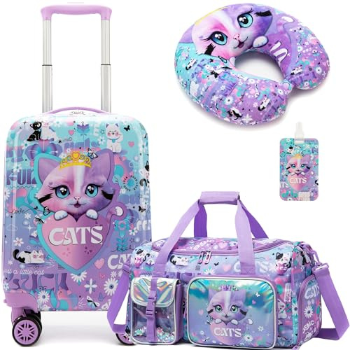 HTgroce Set med 3 resväskor för barn, resväska med nackkudde, bagageetikett, resväska för flickor med universalhjul, 31 cm x 19.5 cm x 40.5 cm