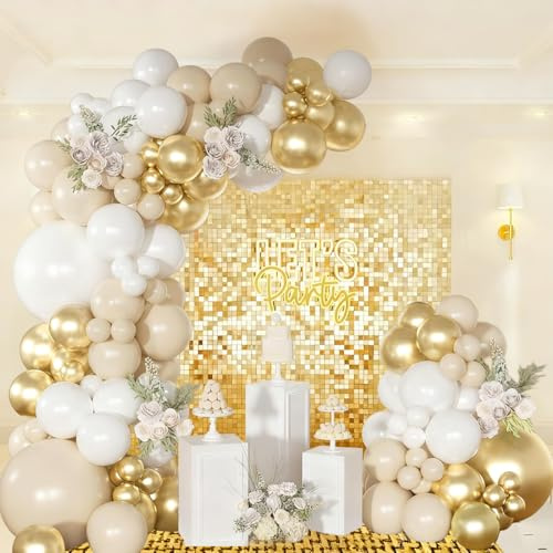 Weiß Gold Luftballon Girlande - 114 Stück Ballon Girlande Sand Weiß Gold Geburtstagdeko mit Beige Luftballons Goldene Ballons, Creme Ballonbogen für Baby Party, Hochzeit, Taufe Party Dekoration