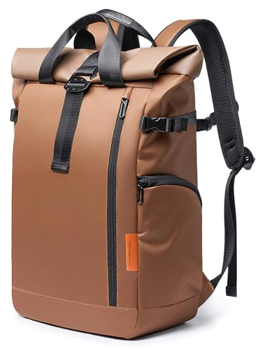 DEEVORCA Sacs à Dos pour Hommes Sac à Dos pour Ordinateur Portable 15,6 Pouces 30L-35L Roll Grande Capacité Top Extensible Sac à Dos Voyage Antivol Imperméable Sac à Dos Tissu Oxford Brun Caramel