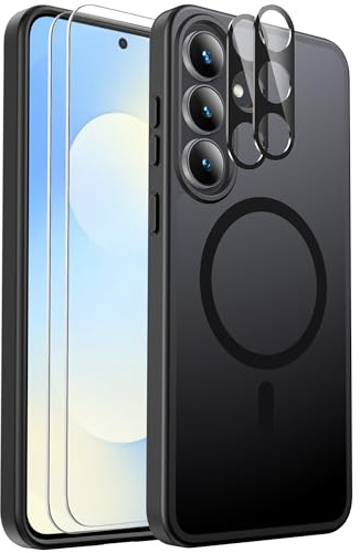 for Samsung Galaxy S25 FE Case Magnetic Shockproof, Fit for MagSafe, with Screen Protector X2 + Camera Lens Protector X2, Translucent Anti-Fingerprint Case for Samsung Galaxy S25 FE (Black)