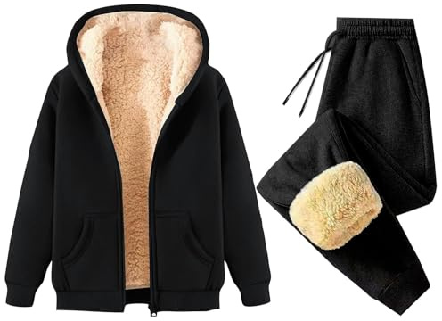 Generisch, abito da tempo libero da donna, 2 pezzi, con pantaloni da jogging imbottiti e caldi, con tasche, giacca invernale, per ragazze adolescenti, con cappuccio, giacca in pile a maniche lunghe