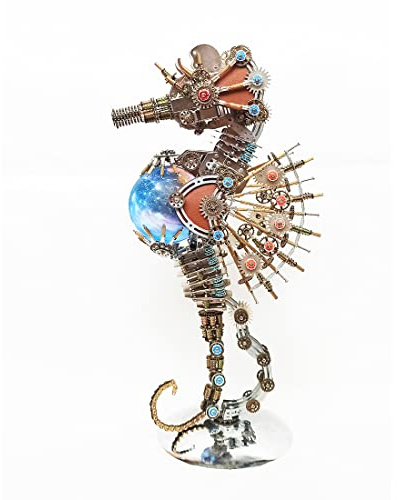 3D Metall Puzzle Tier, Steampunk Mechanisch Seepferdchen Modellbausatz Mit Farbigem Licht Version, DIY Montageblock Puzzle Geschenk Schreibtischdekoration (2100+ Teile)