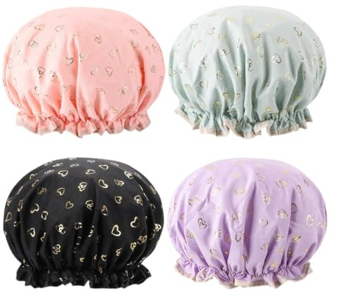 4 Piezas Gorro Ducha, Gorro de Ducha de Doble Capa para Mujer, Gorros de Ducha Impermeable y Reutilizables, para Hogar/Spa/Viajes/Hotel/Cocina