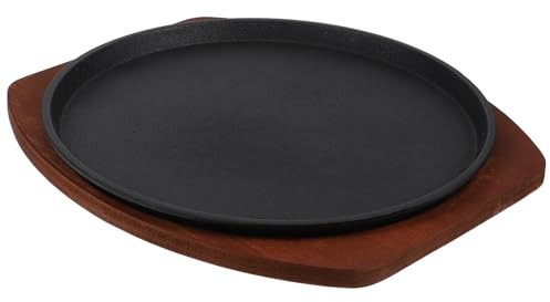 ULTECHNOVO Piastra per Grigliare Bistecca in Ghisa 25 Cm Doppio Manico e Base in Legno, Padella Antiaderente per Pesce e Carne, Piatto da Portata per Cucina Domestica e Ristoranti
