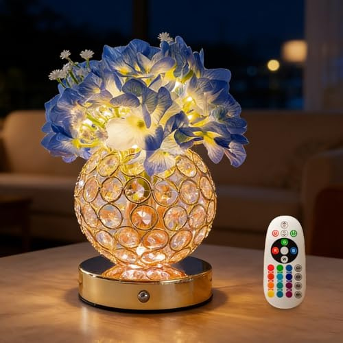 VEEKI Hydrangea Flower Lamp with Remote, Rechargeable 16 Colors Changing Artificial Flower Table Lamp with 4 Modes, Dimmable Touch Cordless Lamp for Bedroom Room Home Decor, Gift for Mom Women (Blue)