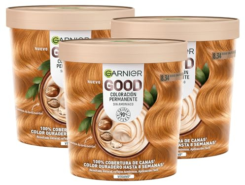 Garnier Pack de 3, Tinte permanente sin amoniaco Good Spicy Blonde, 8.34 | Pack de 3, Tinte permanente sin amoniaco Good Spicy Blonde, 8.34. Para fijación y peinado del cabello con resultado.