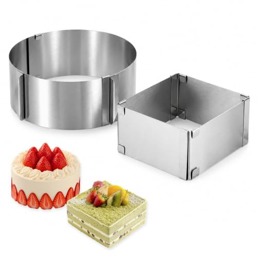 Cuxawamiyo Tortenring Verstellbar Set, Rund 16–30 cm & Eckig 16–28 cm, 10 cm Hoch, Edelstahl Backrahmen Eckig Verstellbar Für Kuchen & Dessert