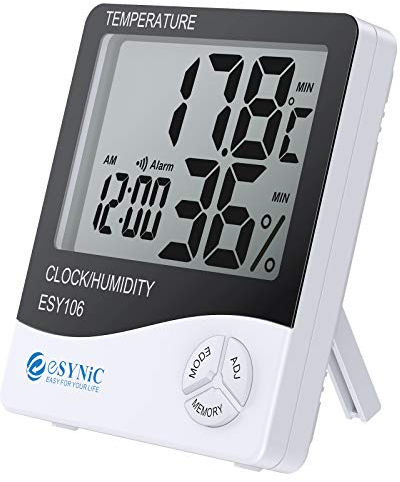 eSynic Hygrometer Thermometer Innen Außen Thermo-Hygrometer mit Uhr Alarm Kalender Funktion, mit LCD-Bildschirm Digital Raumthermometer Hydrometer für Babyzimmer Wohnzimmer Büro LCD-Display (1 Stück)
