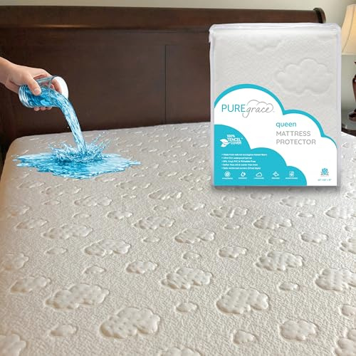 PUREgrace Queen Mattress Protector – Cooling Eucalyptus Tencel Fiber, Quiet Waterproof Mattress Pad Cover with Deep Pockets and Corner Safety Straps, Breathable Ultra Soft Luxury Fit