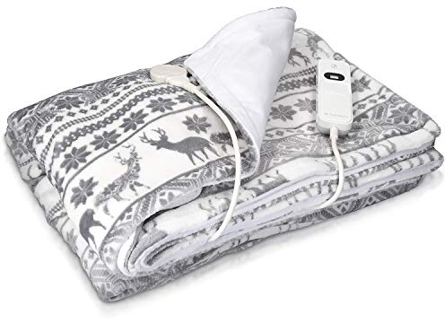 Navaris Coperta Termica Matrimoniale 180x130cm - Termocoperta Elettrica 3 Livelli Riscaldamento - Scaldaletto Spegnimento Automatico - Bianco/Grigio