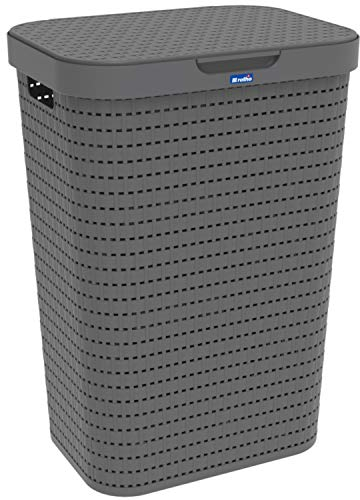 Rotho Country Wäschesammler mit Deckel in Rattan-Optik, Kunststoff (PP) BPA-frei, anthrazit,