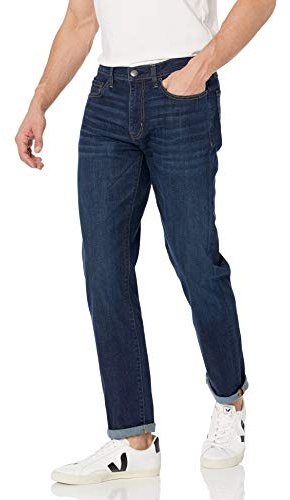 Amazon Essentials Men's Jeans med hög stretch smal passform, Mörk lavering, 34W / 31L