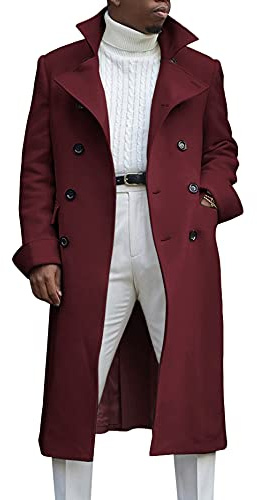 Ebifin Herren-Trenchcoat mit Revers, zweireihig, lang, lässig, Baumwollmischung, Peacoat, Weinrot, L