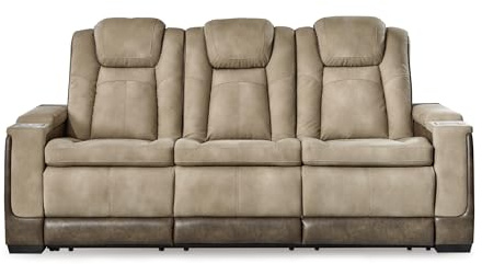 Signature Design by Ashley Next-Gen DuraPella Power Reclining Sofa – Wireless & USB Charging, Zero-Gravity, Adjustable Headrest, Water-Repellent Faux Leather, Drop-Down Table, Beige/Brown, 86”