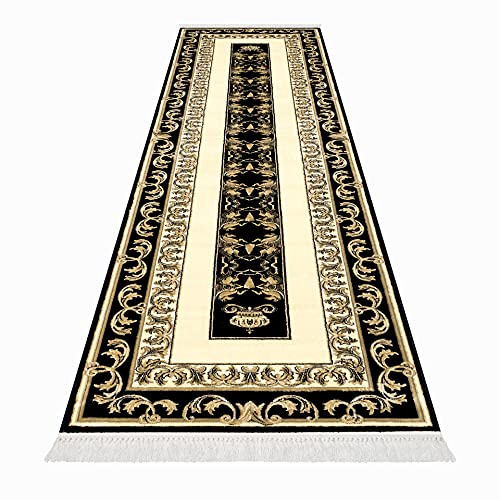 Premium Flur Teppich Läufer Teppichläufer Flur Schlafzimmer Wohnzimmer Kurzflor in Schwarz Gold mit Fransen - Mäander Pegasus Design Vintage Antirutsch K-Seidenglanz 100% Viskose Öko Tex - 80x300 cm