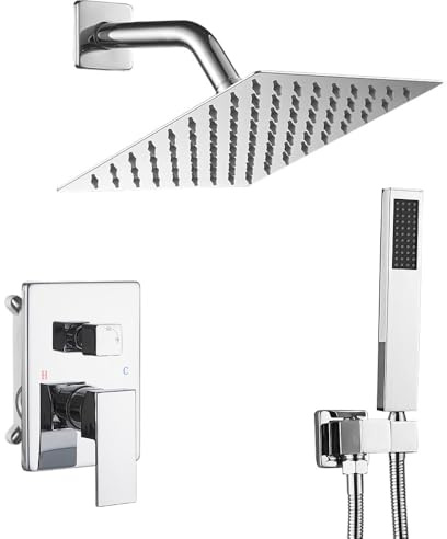 JingGang Shower System Polished Chrome Bathroom Rainfall Shower Faucet Set Complete Wall Mounted 8 Inch Shower Head and Handle Set with Rough-in Valve Body and Trim Kit
