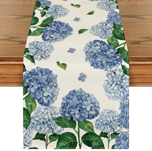 Artoid Mode Watercolor Hydrangea Table Runner, Spring Summer Seasonal Kitchen Dining Table Decoration for Indoor Outdoor Home Party Decor 13 x 72 Inch
